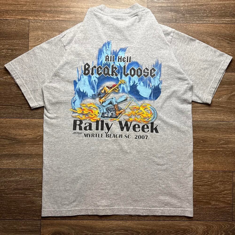 Grey Y2K ‘All Hell Breaks Loose’ Graphic Chopper Rally Tee